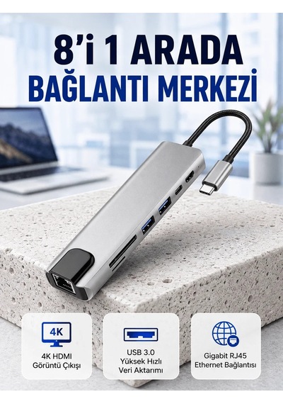Lb Seyahat Dostu 8 İn 1 Hub Şarj & Veri & Video & Ağ İçin Eksiksiz Çözüm Kopya