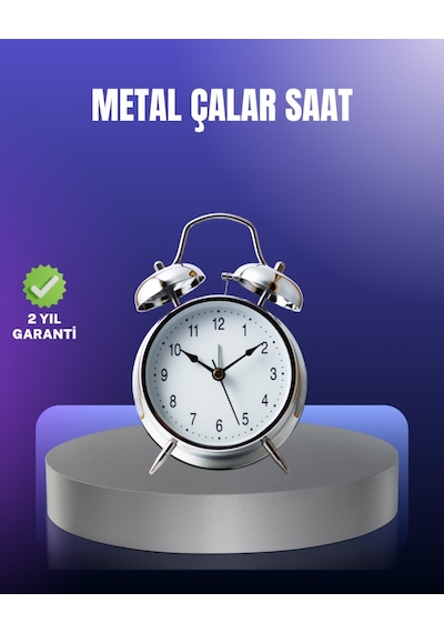 Yuvarlak Gümüş Dekoratif Işıklı Masa Üstü Saat Alarmlı Sessiz Çalışma Siyah