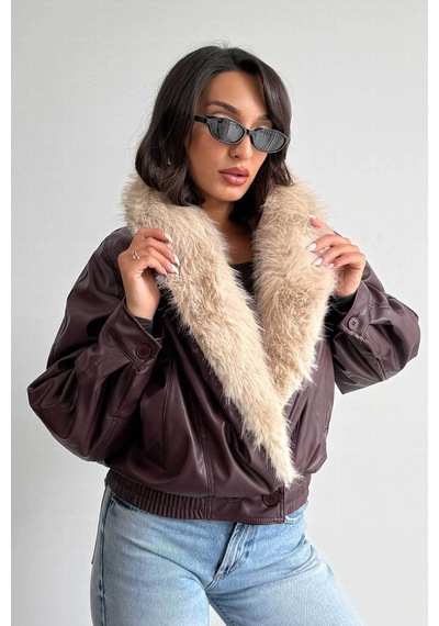 Verymoda Yakası Kürklü Kruvaze Deri Mont F2050 Bordo