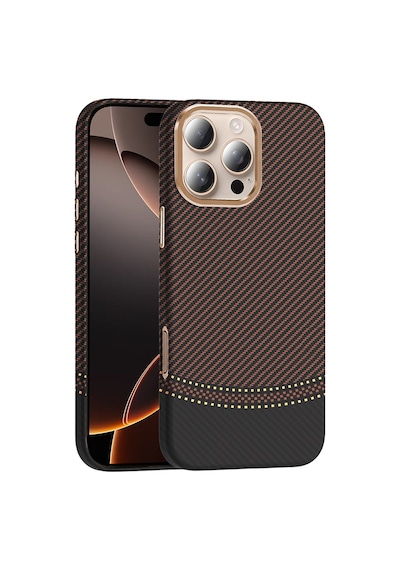 Noktaks - İphone 16 Pro Uyumlu Kılıf Magsafe Özellikli Karbon Fiber Görünümlü Gros Kapak - Gold-siyah - T36934