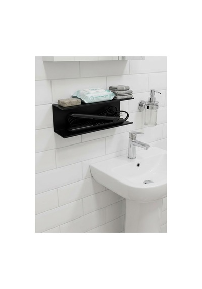 İki Katlı Metal Banyo Rafı - Lavabo Üstü Organizer, Siyah Havluluk Ve Saç Maşası Düzenleyici Duvar Rafı Mat Siyah