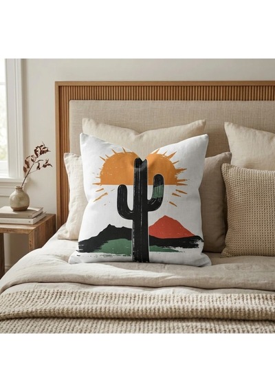 Turkıshrug Kıngdom Gün Batımı & Kaktüs Desenli 4 Lü Çift Taraflı 43x43 Cm Baskı Kırlent Kılıfı Seti 43 X 43 Çok Renkli