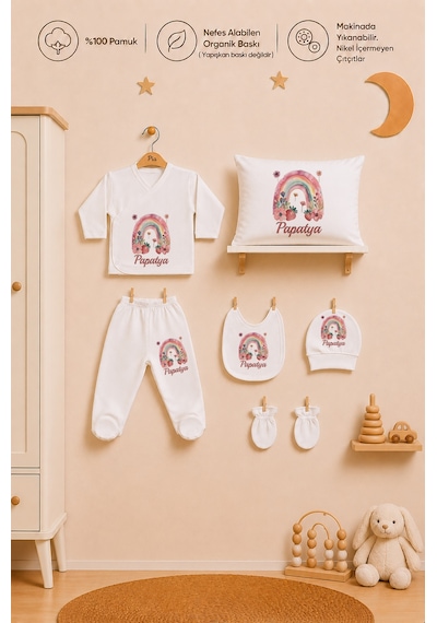 Pia Baby İsme Özel %100 Pamuk Yastık Şapka Önlük Eldiven Zıbın Set Kız Bebek 6 Lı Hastane Çıkışı 1097yz0x Ekru