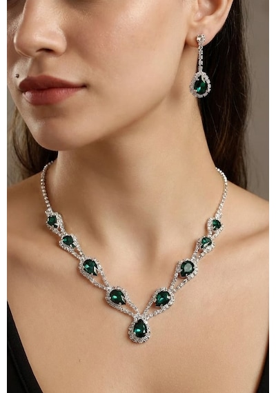 Accessories Hürrem Model Yeşil Taşlı Kolye Küpe Takı Seti Gerdanlık - Gelin Düğün Nişan Abiye Set Gümüş - Yeşil