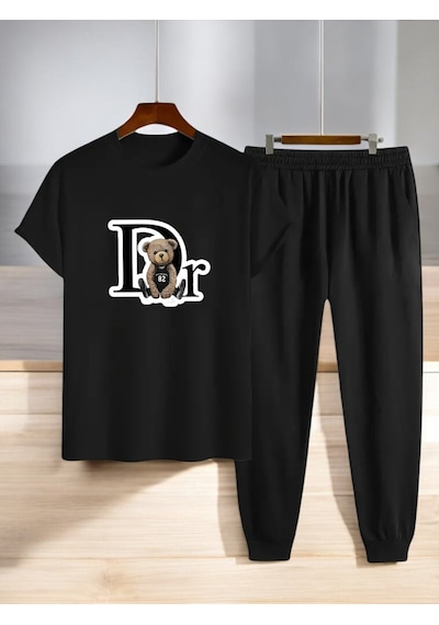 Uyguntarz Unisex Dr. Ayı Tasarım Basklı Tshirt Eşofman Takımı Siyah