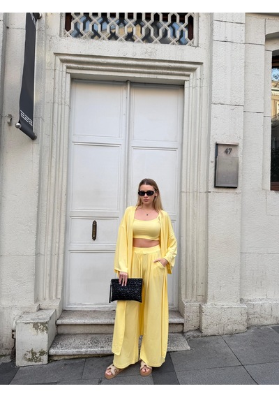Bonacosa Kadın Viskon 3 Lü Takım Kimono + Beli Lastikli Salaş Pantolon + Crop 8 Renk Sarı
