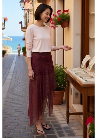 Benerly Kadın Büyük Beden Asimetrik Şifon Ekoseli Mini Etek %100 Pamuk Ha Bordo