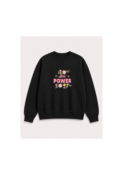 Herkesemoda Power Girl Çiçek Baskı Detaylı Şardonlu 2 İplik Bisiklet Yaka Sweatshirt Siyah
