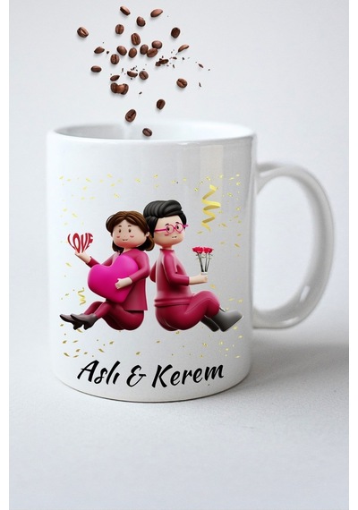 İsimli Kişiye Özel Love Baskılı Hediye Kupa Bardak Porselen Çay Kahve Fincanı Beyaz