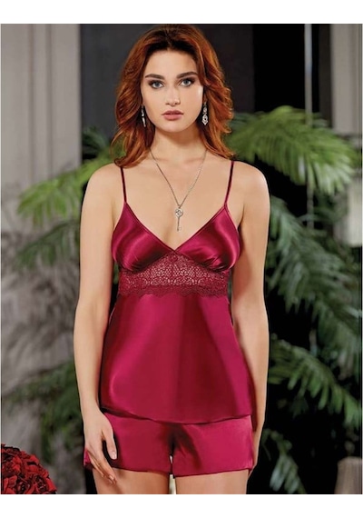 Jeremi 450 İpek Saten Dantelli Uzun Altılı Set - Bordo Bordo