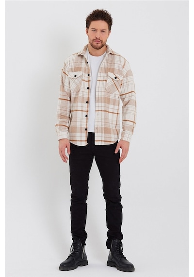 Erkek Kırık Beyaz-turuncu Çift Cep Kapaklı Slim Fit Oduncu Gömlek-odg001r9500s Kırık Beyaz-turuncu