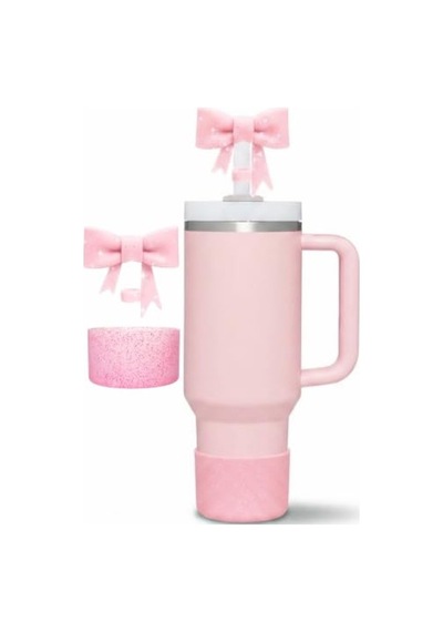 Pembe Simli Silikon Termos Taban Koruyucu Ve Pipet Tıpası Seti