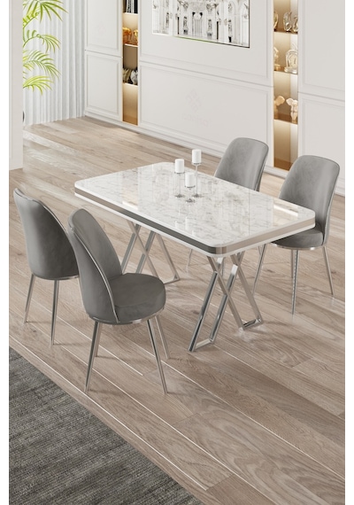 Canisa Vals Serisi 80x130 Lak Panel Beyaz Mermer Desen Masa Takımı Krom Ayaklı 4 Gri Sandalye Masa Beyaz Mermer Desen Sandalye Gri Canisa Vals Serisi 80x130 Lak Panel Beyaz Mermer Desen Masa Takımı Krom Ayaklı 4 Gri Sandalye Masa Beyaz Mermer Desen Sandalye Gri