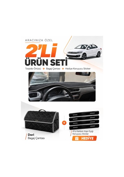 Citroen C-elysee 2012-2022 Uyumlu Torpido Örtüsü + Deri Bagaj Çantası + Sticker Seti - Siyah Gri