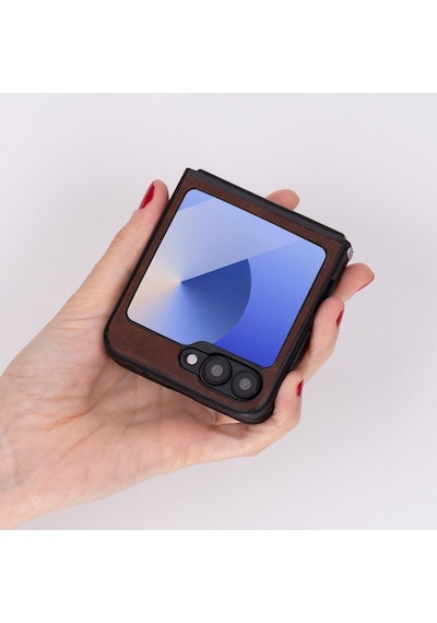Samsung Galaxy Z Flip6 Uyumlu, Hakiki Deri, El Yapımı Arka Kapak Antik Kahve