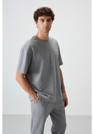 Tommy Life Gri Melanj Pamuklu Kalın Yumuşak Dokulu Oversize Fit Nakışlı Erkek Eşofman Takım - 85252 GRİ MELANJ