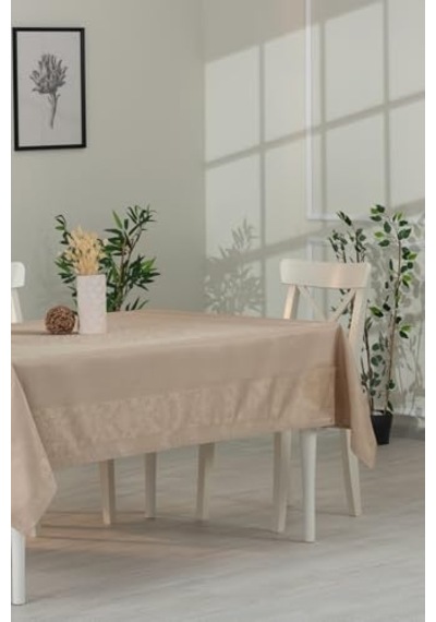 Tropik Home Jumbo Jakar Pano Desen Leke Tutmaz Jakarlı 150x220 Cm Lüks 8 Kişilik Masa Örtüsü Bej Genel