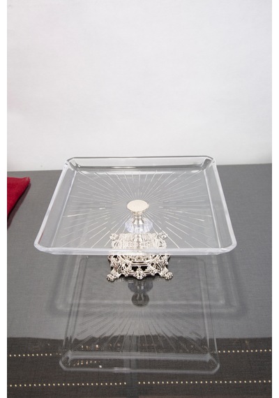 Argkristal Madlen Kare Servis Ve Sunum Tabağı Gümüş Detaylı Metal Ayaklı 24x24x14 Gümüş