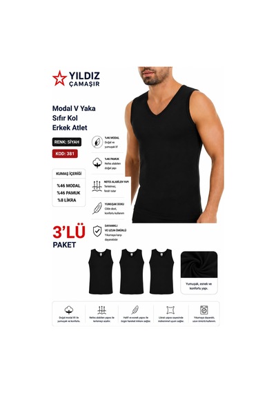 Yıldız Çamaşır Erkek Modal V Yaka Sıfır Kol Likralı Fanila Atlet 380-381 - 3 Adet Siyah