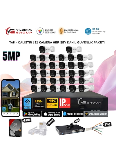 Yıldırımgroup 32 Kameralı Sesli 5mp Ip-gece Renkli Araç Ve Yüz Tanımalı Kamera Sistemi-hazır Kamera Seti