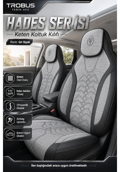 Tesla Model 3 2017 Ve Sonrası Uyumlu Hades Serisi Keten Koltuk Kılıfı Gri Siyah