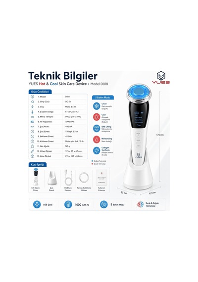 Hot & Cool Ems Cilt Bakım Cihazı, Sıcak Soğuk Yüz Masaj Aleti, Led Işık Destekli, Mikro Titreşimli, Şarjlı Yüz Bakım Cihazı, Temizleme, Nemlendirme Ve Bakım Modları, Model D818