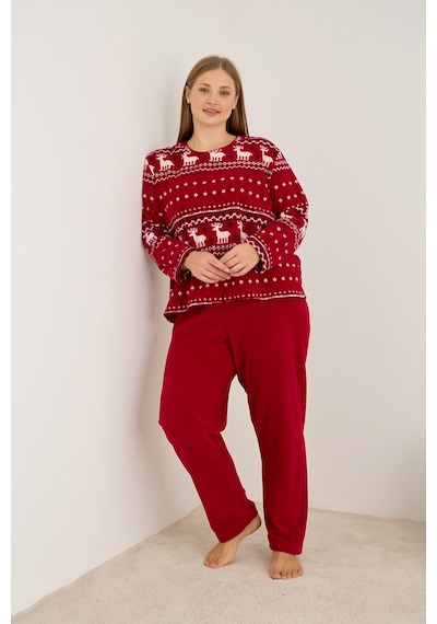 Siyah İnci Geyik Desenli Büyük Beden Polar Kışlık Örme Pijama Takım Bordo