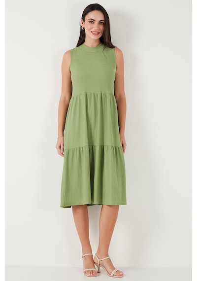 Lela Regular Fit Kolsuz Midi Bayan Elbise 5869008 Yağ Yeşili Lela Regular Fit Kolsuz Midi Bayan Elbise 5869008 Yağ Yeşili