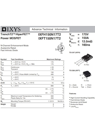 Ixfh150n17t2 175v, 150a, 12mohm Power Mosfet