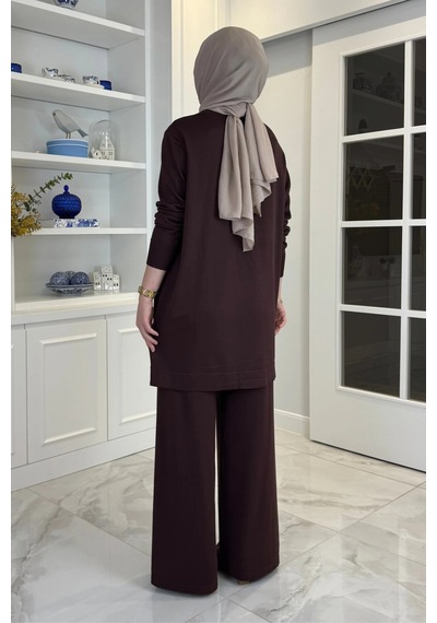 Rabia Şamlı Feryal Pantolonlu Triko Takım Acı Kahve Normal