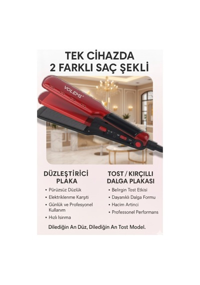Volemı V-0109 Saç Düzleştirici + Tost Model Yapıcı Çift Fonksiyonlu Profesyonel Saç Şekillendirici