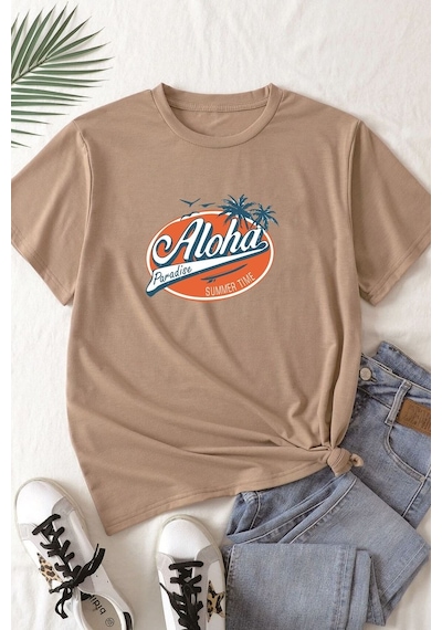 Unisex Aloha Baskılı T-shirt Bej