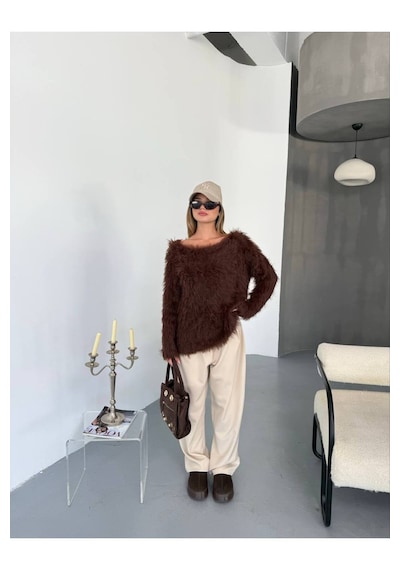 Kechi Woman Tüylü Triko Kazak Kahverengi