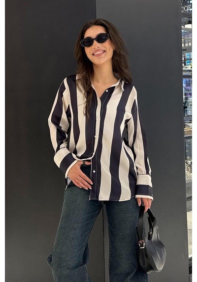 Seeh Lacivert Çizgili Oversize Kadın Gömlek Sh266 Çok Renkli