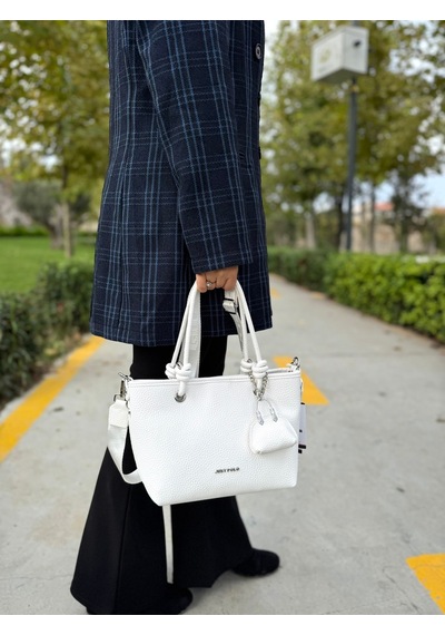 Just Polo Kadın Yeni Sezon Yumuşak Deri 4 Bölmeli Ayarlanabilir Askılı Lüks El Ve Omuz Çantası Shopper Beyaz
