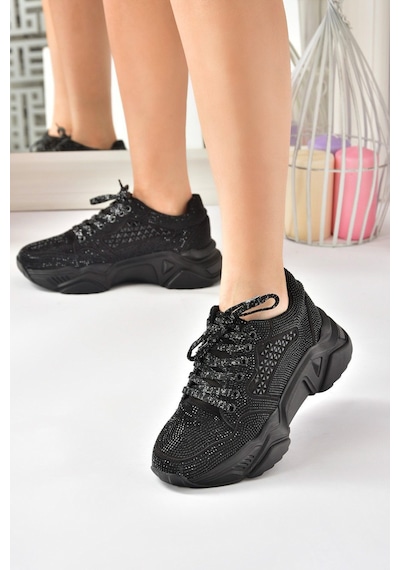 Fox Shoes Siyah Metal Taş Detaylı Kadın Spor Ayakkabı M444302814 Siyah-sim Siyah