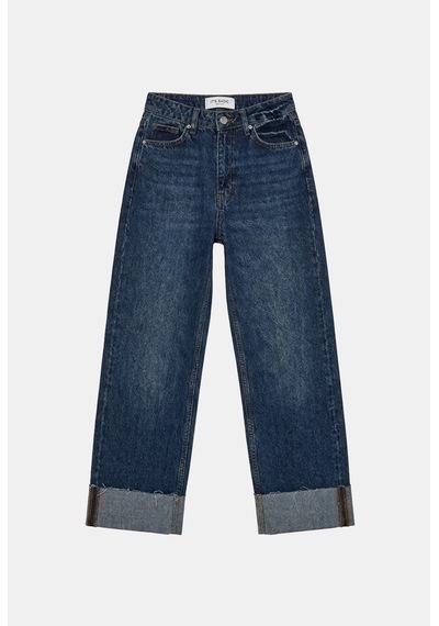Kadın Koyu Mavi 2w6-5 Relaxed Fit Paça Detaylı Denim Jean