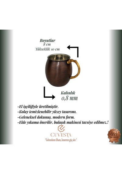 Cuvesta Modern El Yapımı Klasik Bakır Bardak Oksit Renk 8x10cm