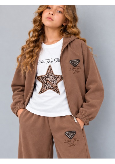 Kokoş Bebe Kız Çocuk Dokuma Viskon 3'lü Takım Leopar Yıldız Detaylı Kapüşonlu Ceket Tişört Bol Paça Pantolon - 5/13 Yaş - 31984 Kahverengi Kokoş Bebe Kız Çocuk Dokuma Viskon 3'lü Takım Leopar Yıldız Detaylı Kapüşonlu Ceket Tişört Bol Paça Pantolon - 5/13 Yaş - 31984 Kahverengi