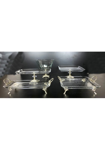 Alfafe Home 5 Parça Gümüş Döküm Ayaklı Sunumluk Set Pasta Kurabiye Tatlı Servis Tabağı Gümüş