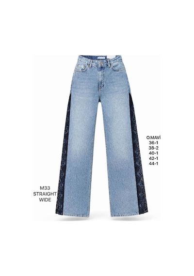 Miss Poem Kadın Orta Mavi Dantel Şerit Detaylı Straight Wide Jean Pantolon