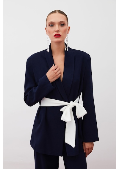 Sateen Beli Kuşaklı Uzun Ceket - Lacivert