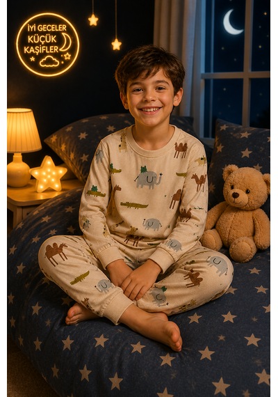 Durukoza %100 Pamuk 4 Mevsim Çocuk Pijama Takımı 8-13 Yaş Yumuşak Dokulu Açık Bej