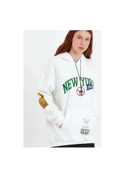Veraura Lifestyle Baskılı Kapüşonlu Sweatshirt - Beyaz