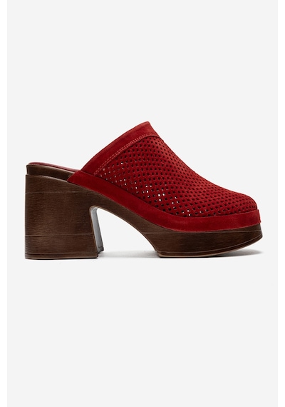 Luvi Shoes Dejas Kırmızı Süet Hakiki Deri Delikli Kadın Kalın Topuklu Terlik