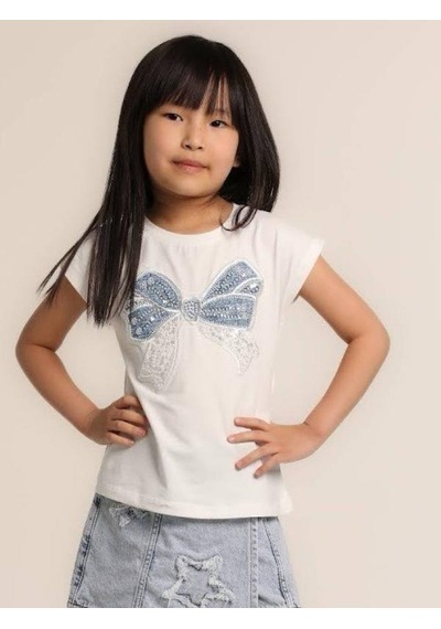 Escabel Kız Çocuk Fiyonklu İşlemeli T-shirt-15638 Beyaz