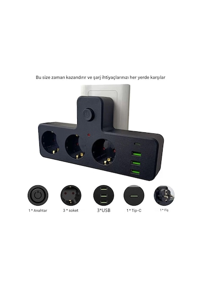 3'lü Termal Akım Korumalı Priz 3xusb 1xtype-c 20w Pd Giriş Kablosuz Kulaklık
