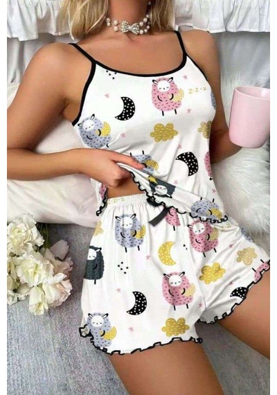Kuzu Desenli Pembe İp Askılı Yazlık Şort Pijama Takımı Ryl - S-46 Beden: S-m Çok Renkli