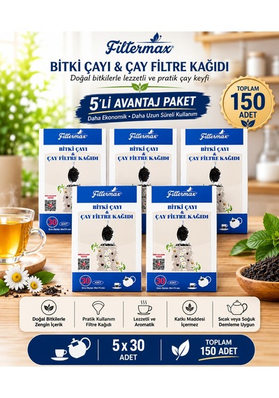 Pratik Bitki Çayı Ve Çay Filtre Kağıdı 30'lu 5'li Paket Beyaz