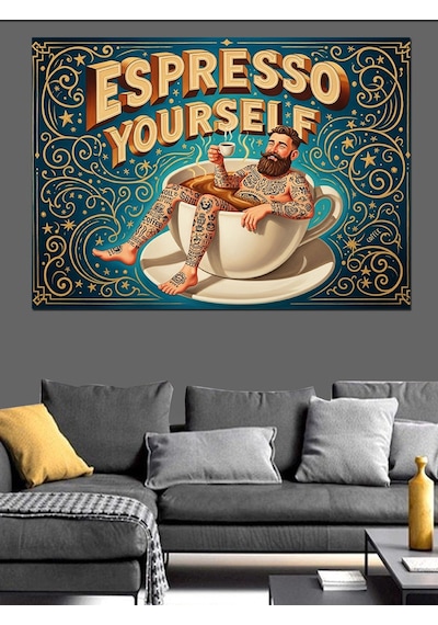 "espresso Your Self" Dövmeli Adam Vintage Kahve Afişi Dekoratif Kanvas - Mdf Ahşap Tablo